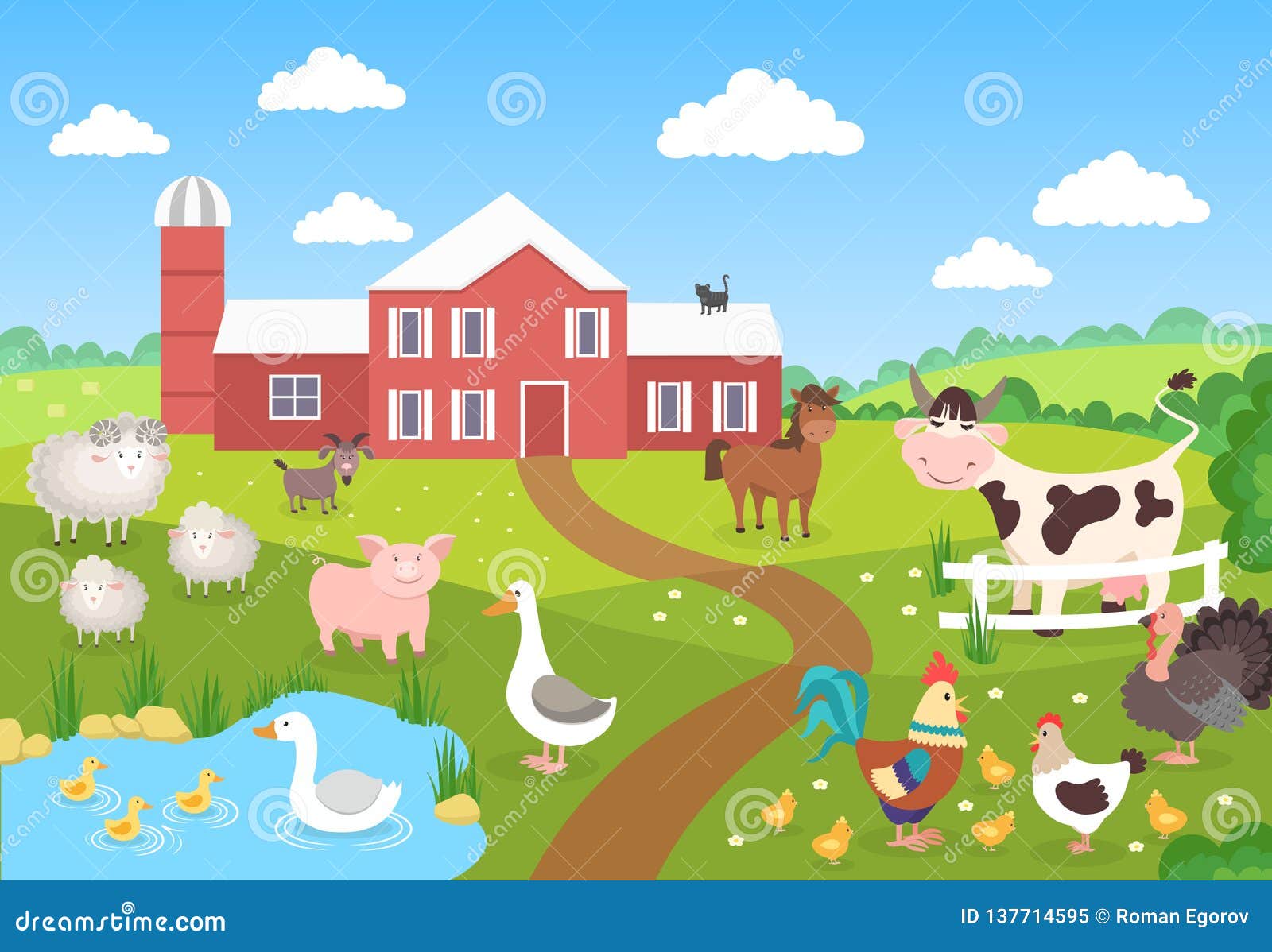 farm animals with landscape. horse pig duck chickens sheep. cartoon village for children book. farm background scene