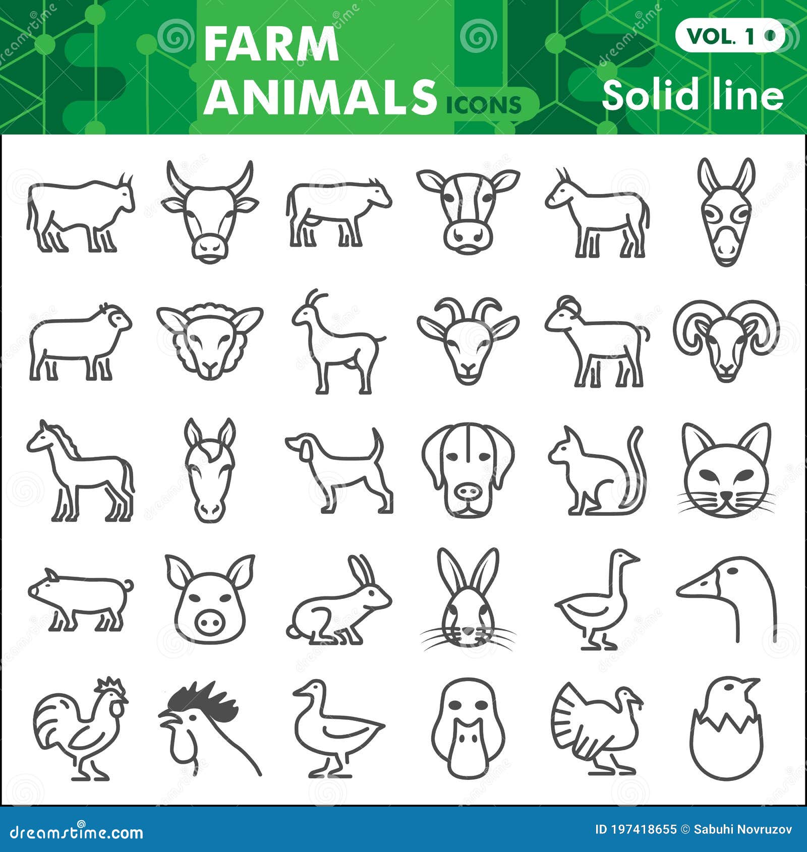 Farm Animals Line Icon Set, Home Animal Symbols Collection or Sketches.  Animals from a Farm Linear Style Signs for Web Stock Vector - Illustration  of agriculture, farm: 197418655