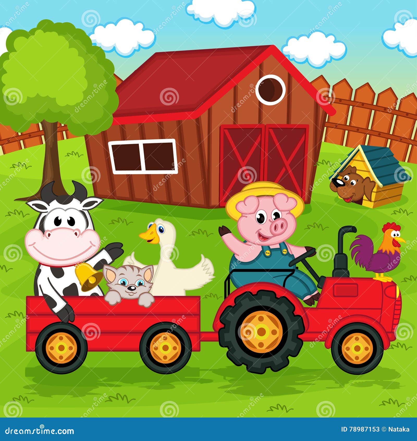 Farm Animals Ride on the Tractor in the Yard Stock Vector