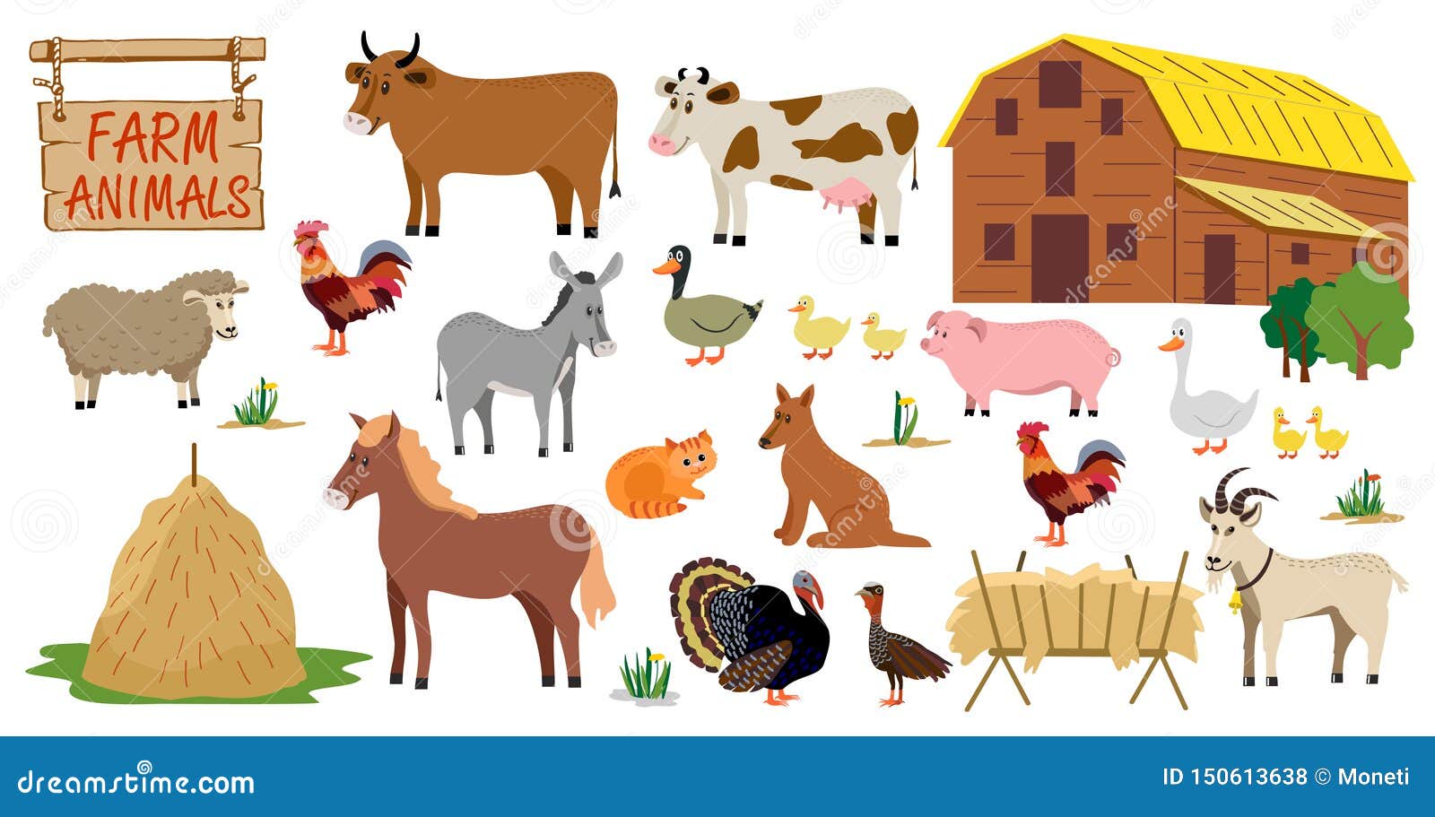 Farm Animals Set in Flat Style Isolated on White Background. Vector  Illustration Stock Illustration - Illustration of cute, cattle: 150613638