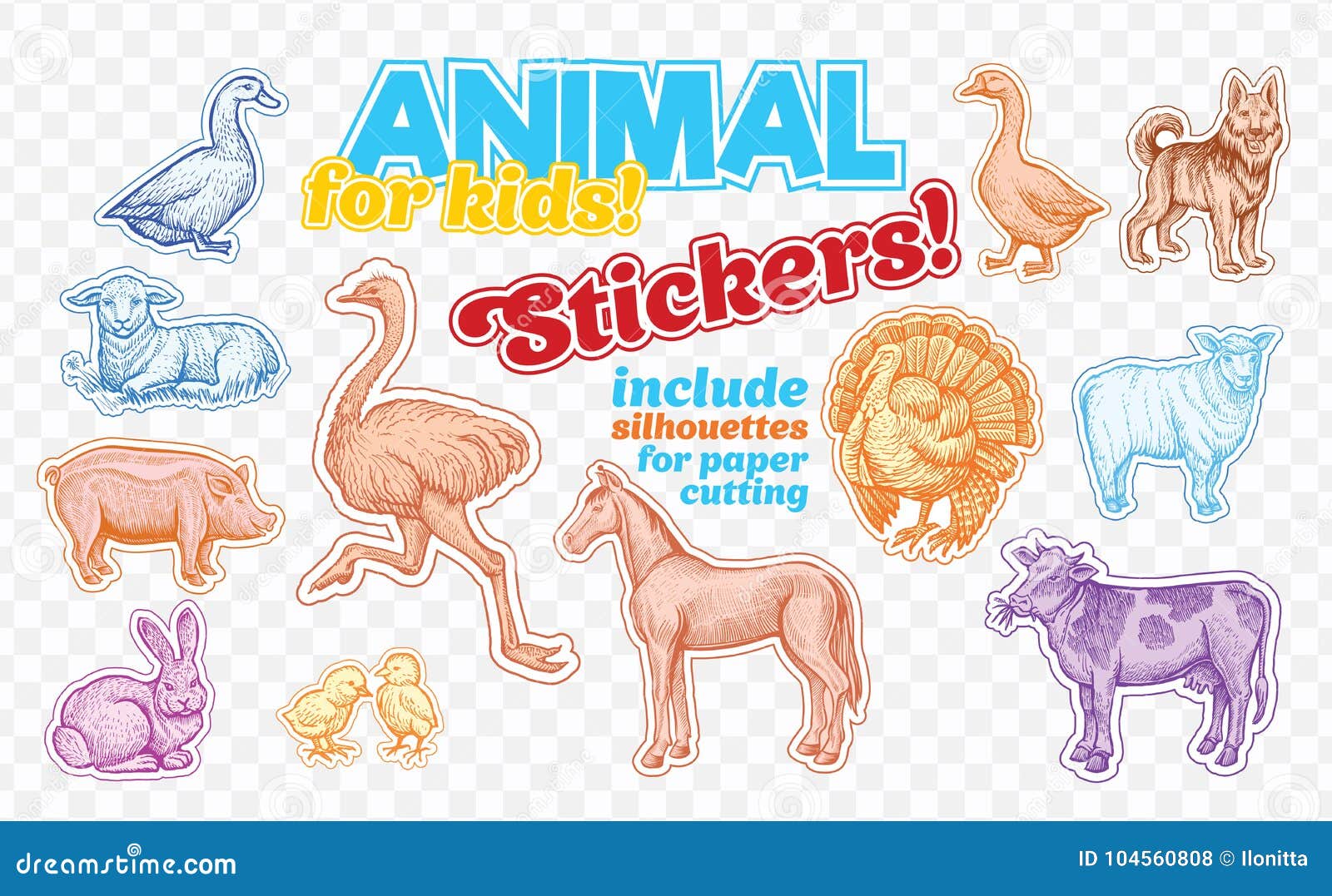 Farm Animals Set in Sketch Style on Colorful Stickers. on Transparent  Background. Can Be Used for Cute Coloring Stock Vector - Illustration of  mammal, animal: 104560808