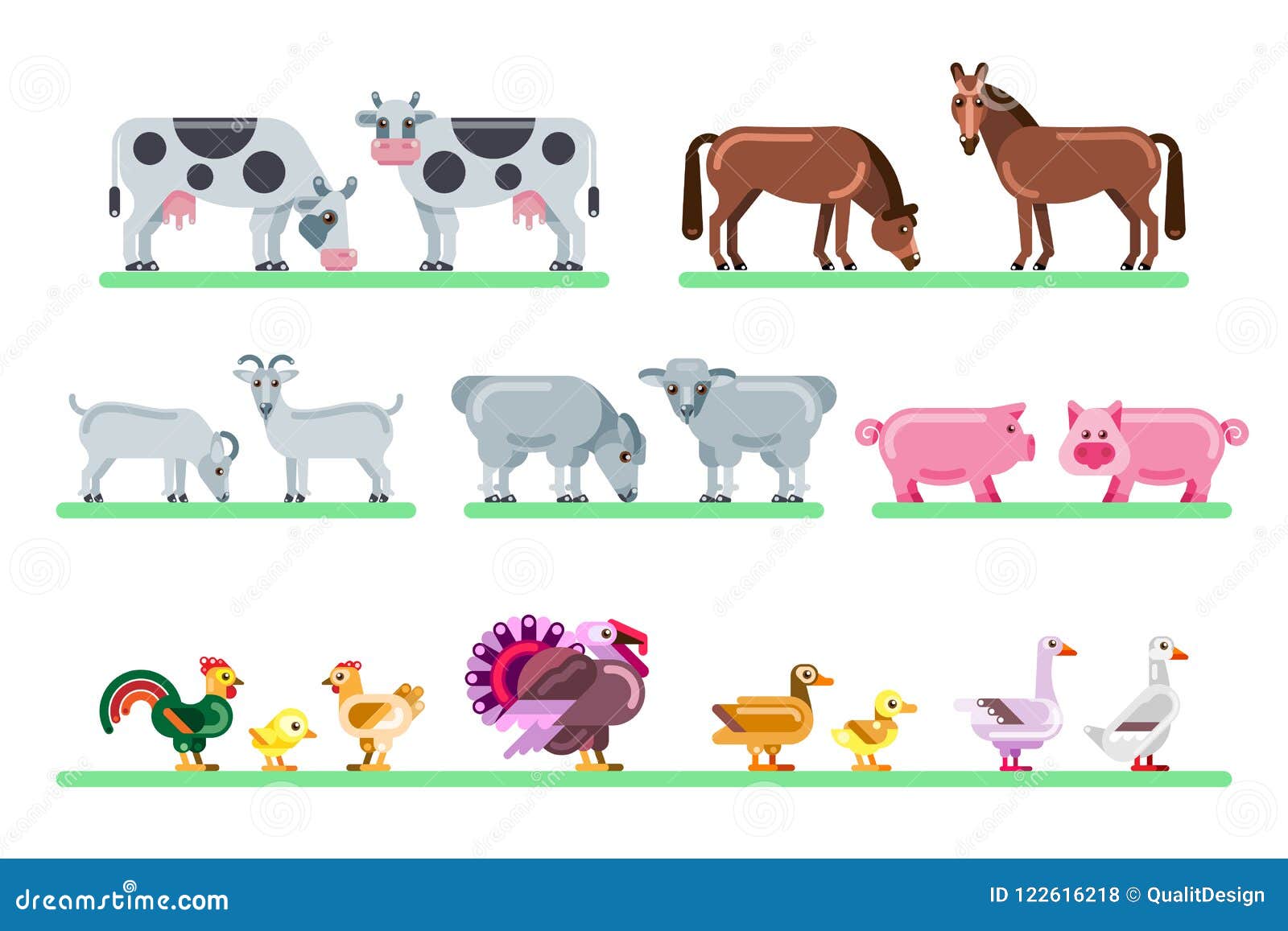 farm animals set.  flat  of barnyard. cute colorful characters  on white background