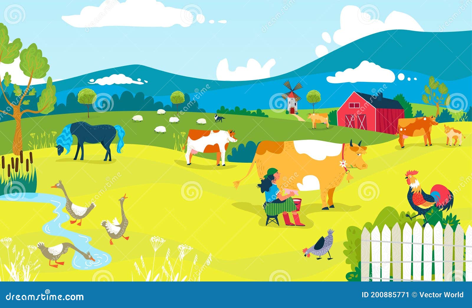 Farm Cartoon Landscape, Vector Illustration. Agriculture Farming Barn,  Rural Animal Cow Chicken Outdoor Stock Vector - Illustration of green,  agriculture: 200885771