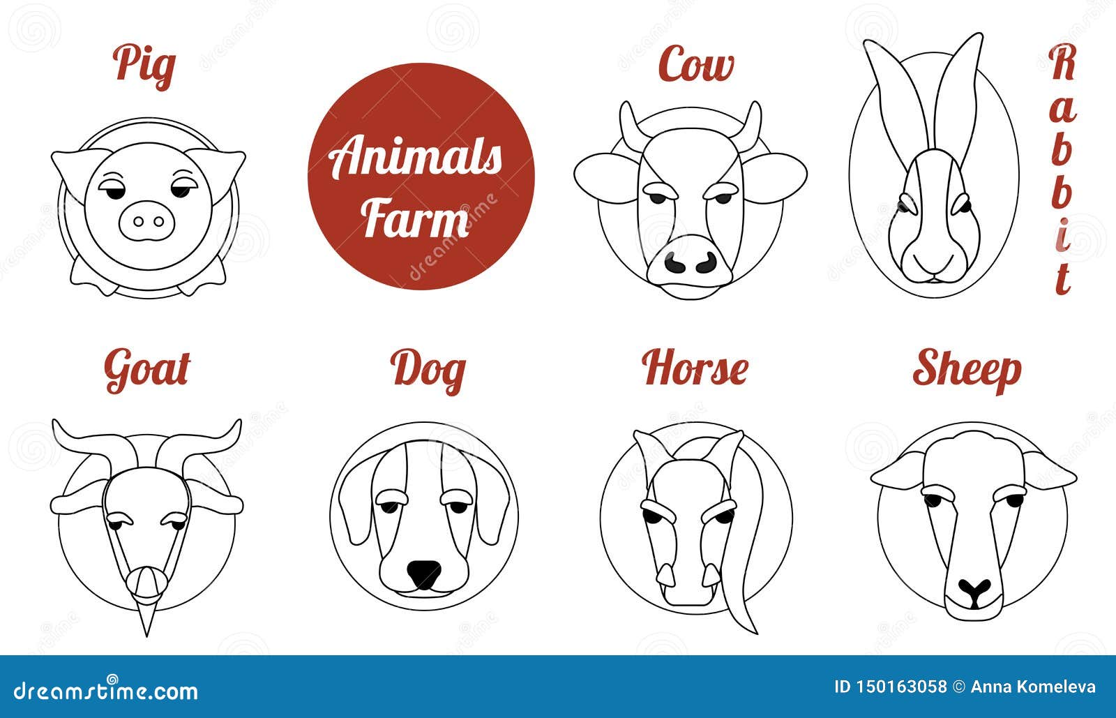 Farm der Tiere der flachen Ikone. Flache Ikone des Viehbestandporträts eingestellt mit Kuh, Pferd, Kaninchen, Schaf, Ziege, Schwein, Hundelinie weiße Vektorillustration auf Schwarzem Einfarbige Zeichnung