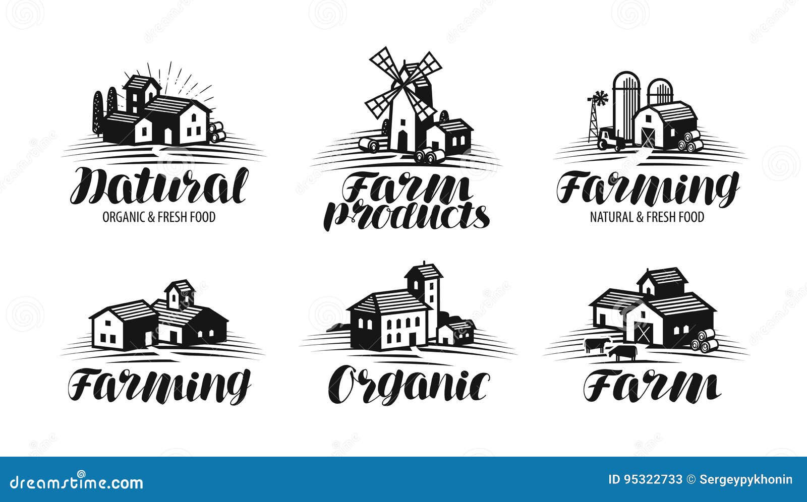 farm, farming label set. agriculture, agribusiness, building icon or logo. lettering  