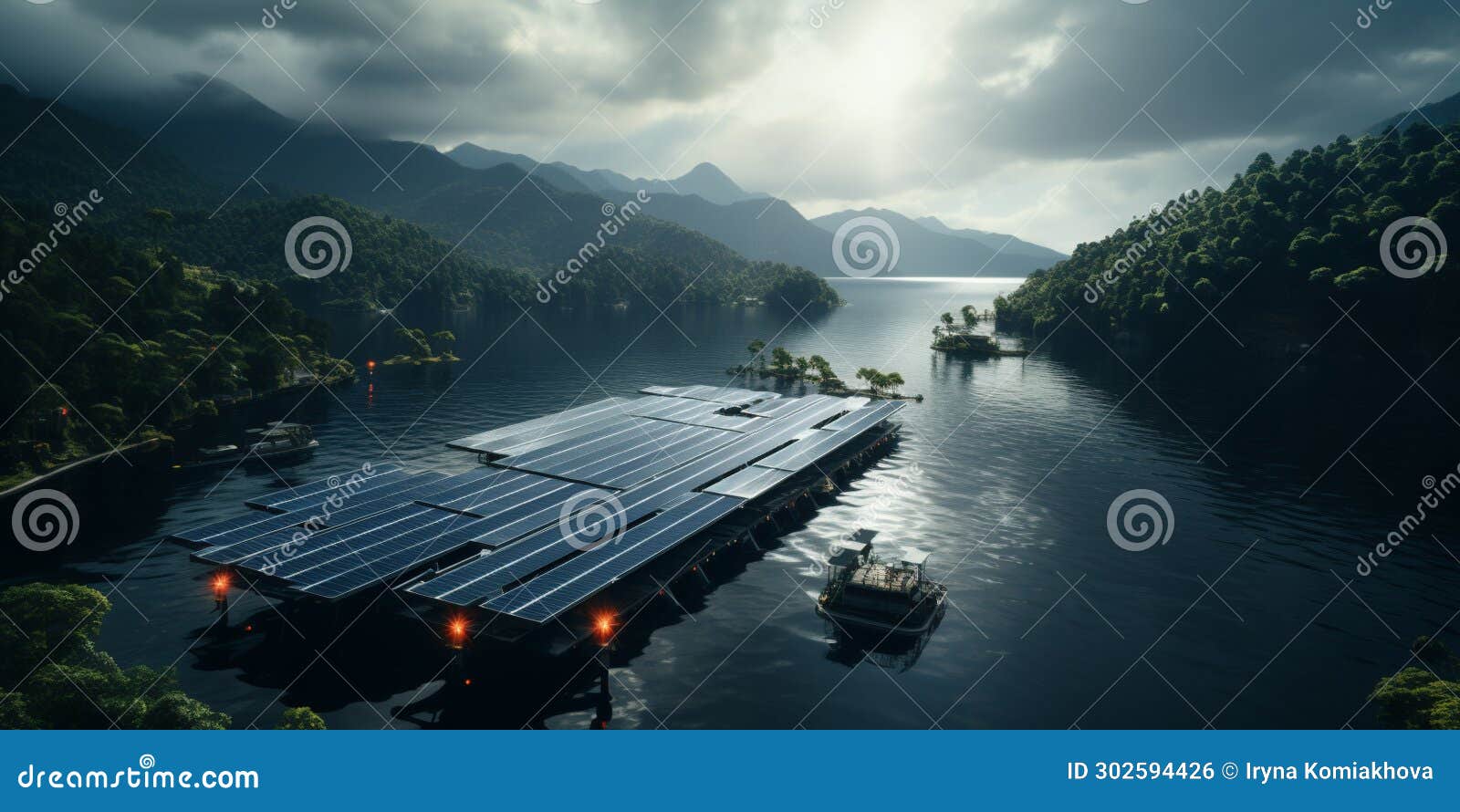 farm of floating solar panels on a pond in the mountains