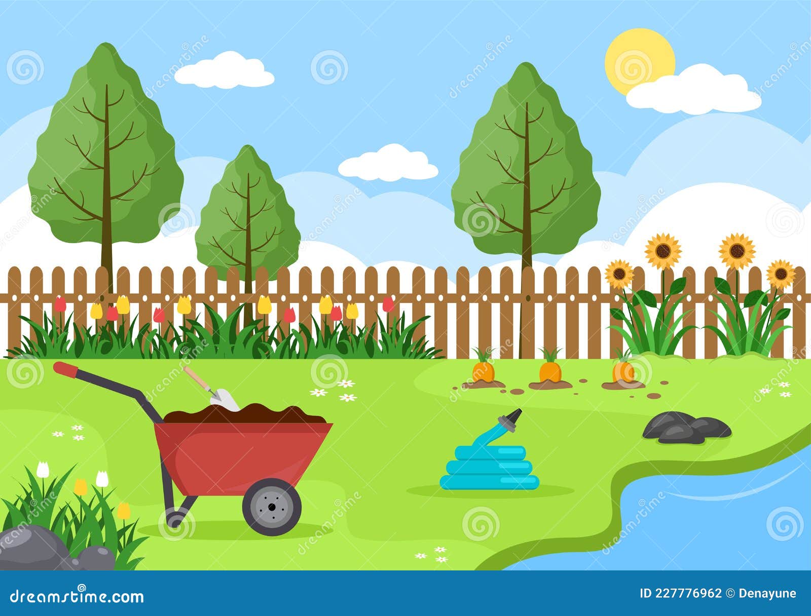 Farm Gardener Background Vector Illustration with a Landscape of Gardens,  Flowers, Vegetables Planted, Wheelbarrow, Shovel and Stock Vector -  Illustration of drawing, gardening: 227776962