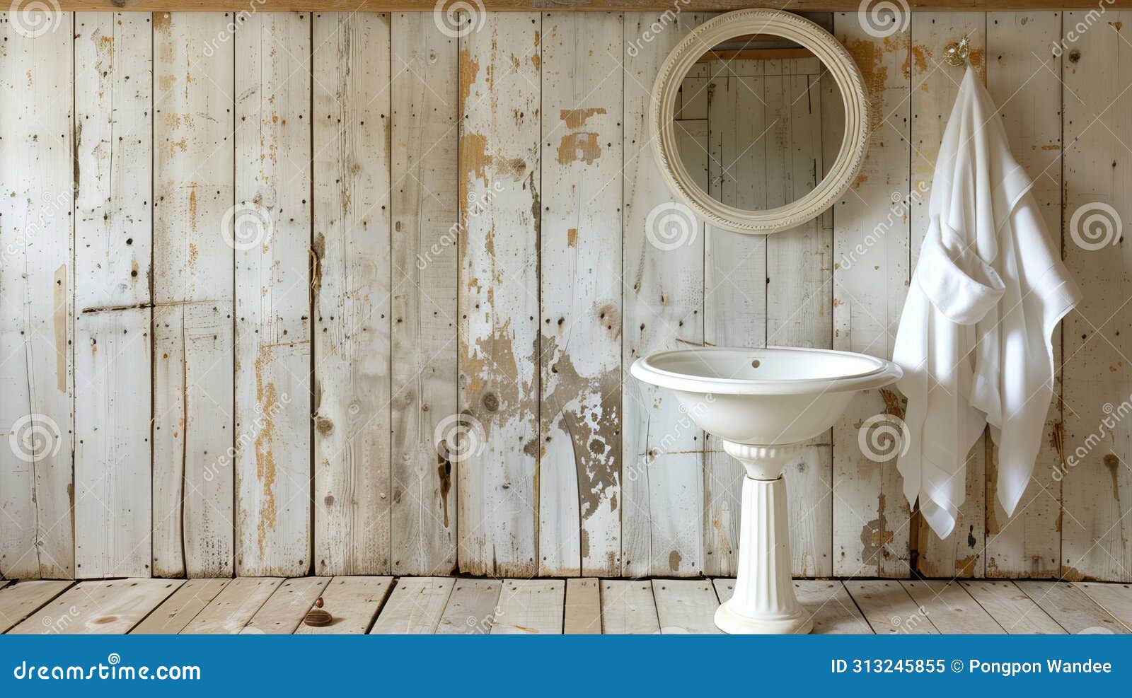 farm house interior  of bathroom with a white pedestal sink, distressed wooden wall, and simple round mirror