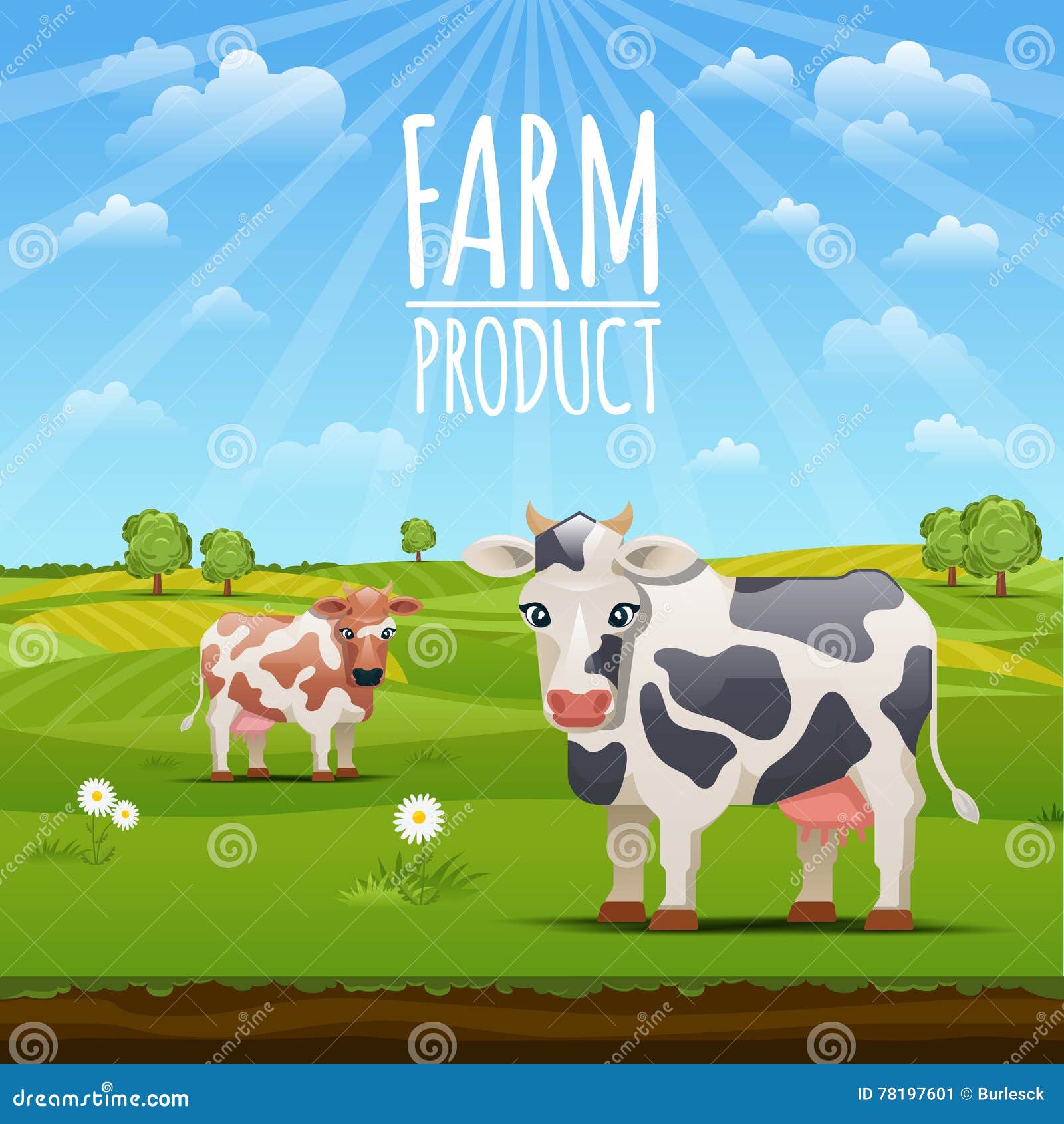 Farm Landscape with Cows Vector Illustration Stock Vector ...