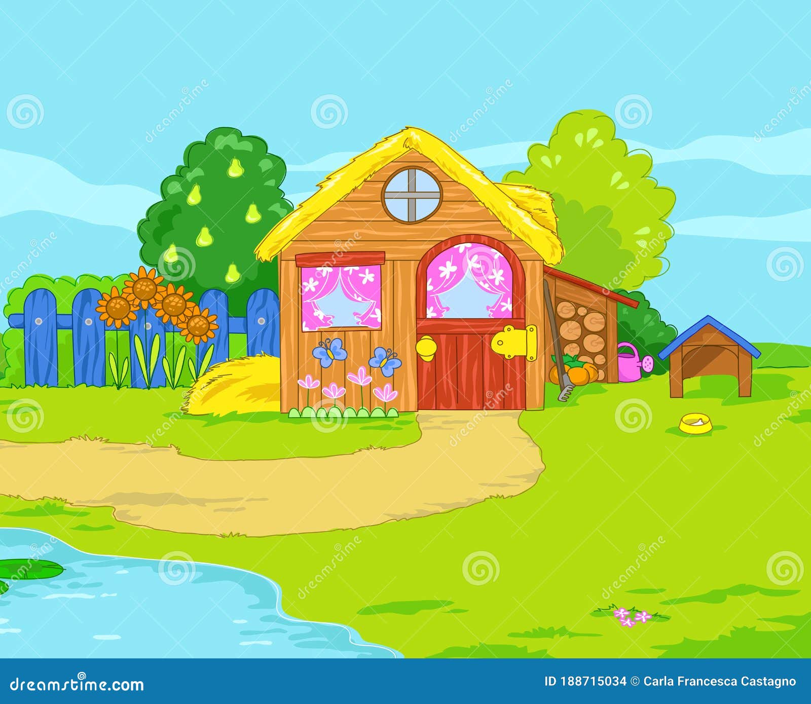 Farm With Pond Landscape Cartoon Illustration Stock Illustration