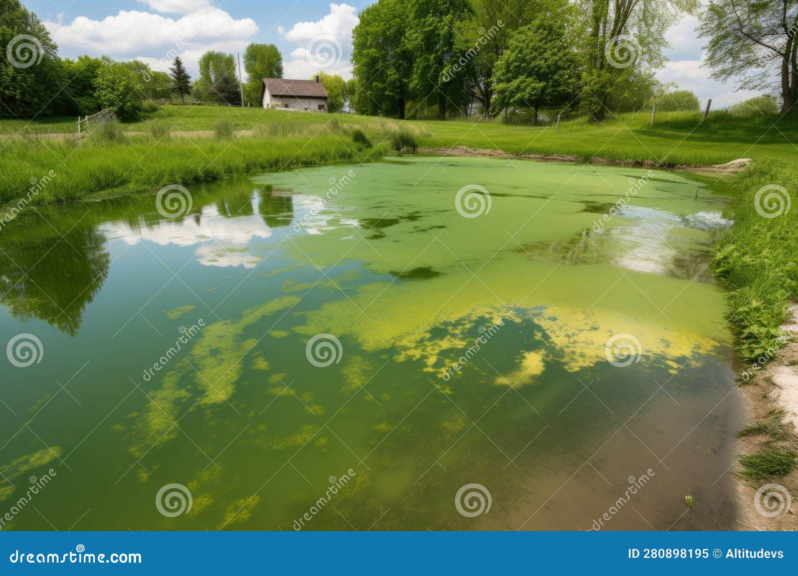 Farm Pond with Murky, Green Water and Algae Blooms Stock Illustration