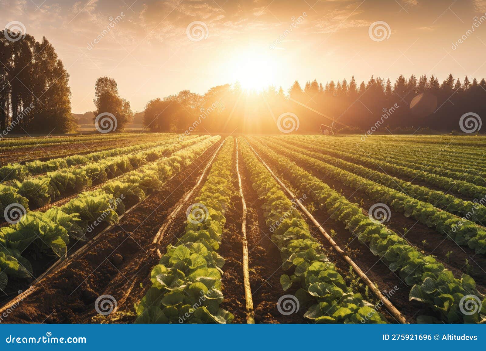 Farm, with Rows of Crops Growing in the Sun Stock Illustration