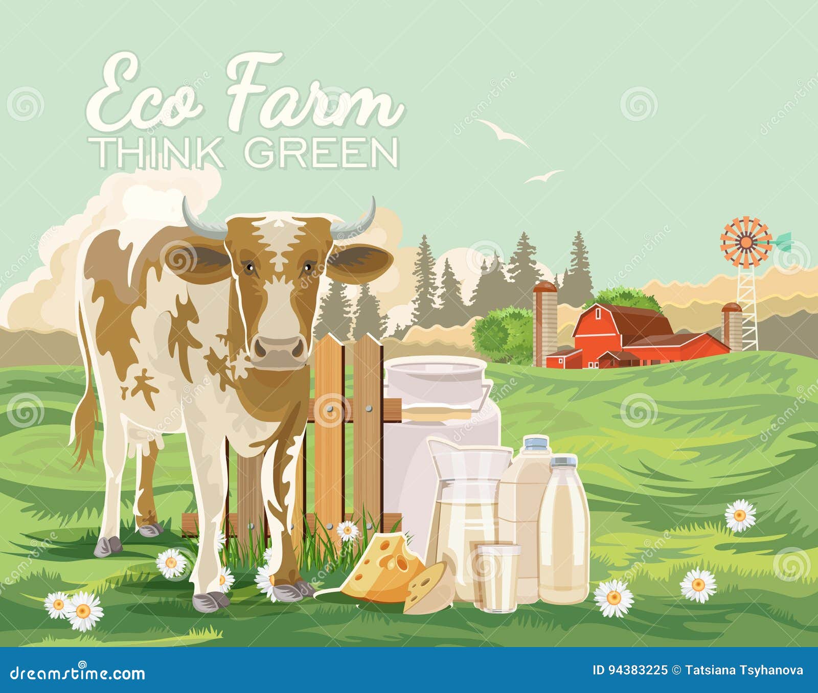 Farm Rural Landscape with Cute Cow and Milk. Agriculture Vector ...