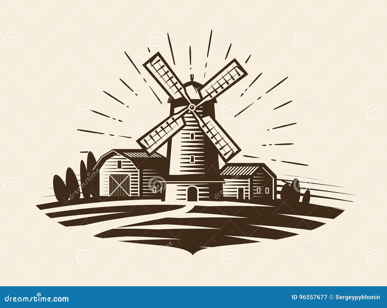 farm, rural landscape logo or label. agriculture, agribusiness, village, mill icon. vintage  