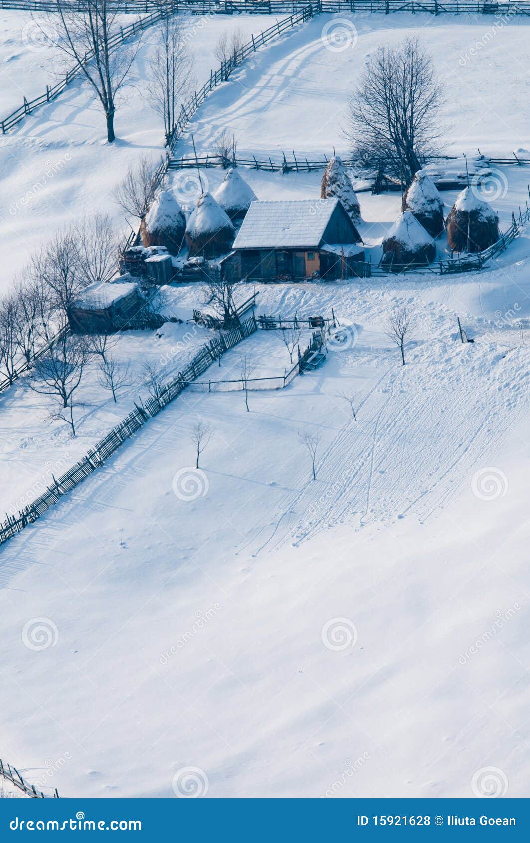 farm, stead in winter at mountains