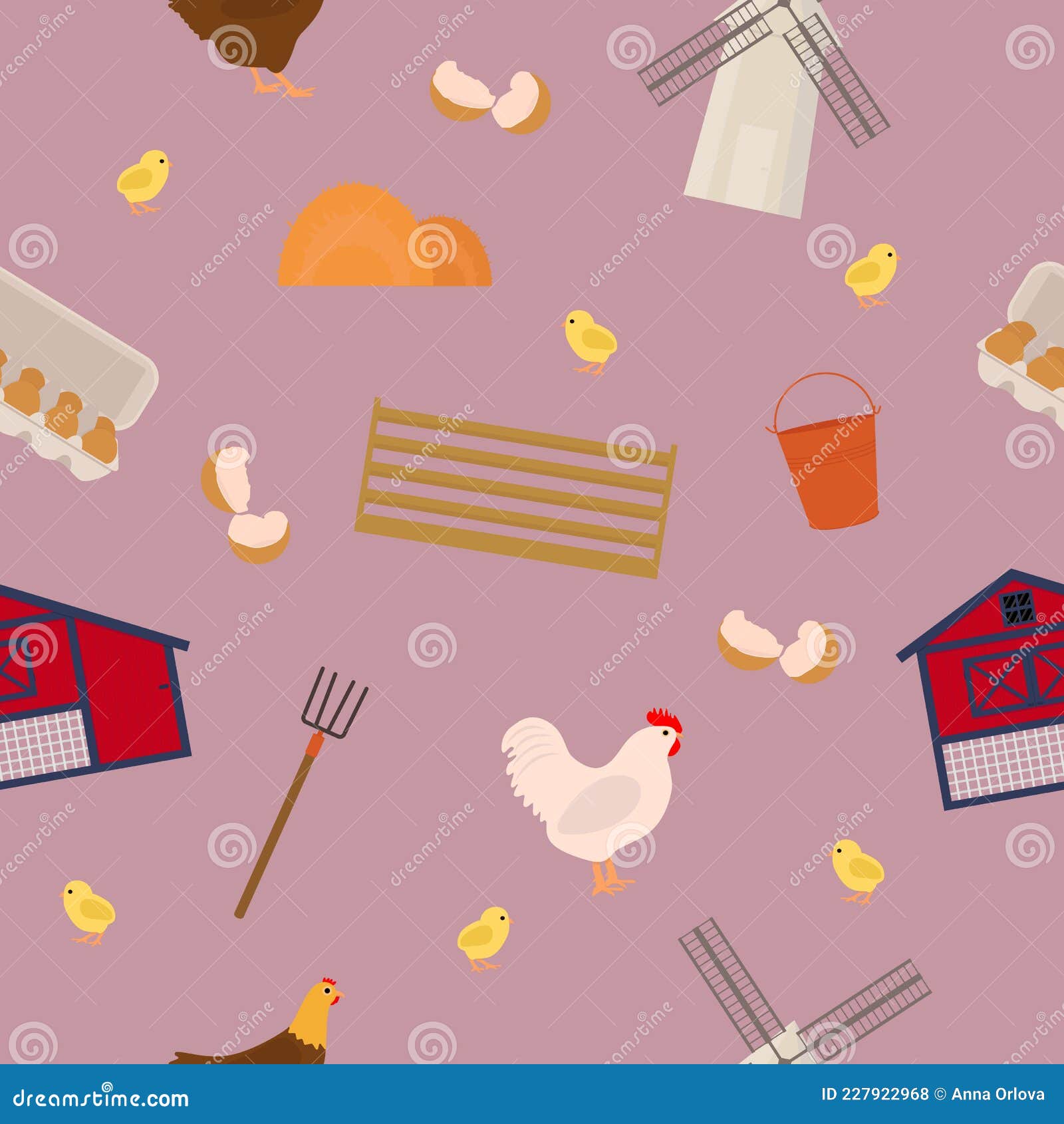 Farmthemed Elements Seamless Pattern. Chicken, Chicken Coop, Hay Mill