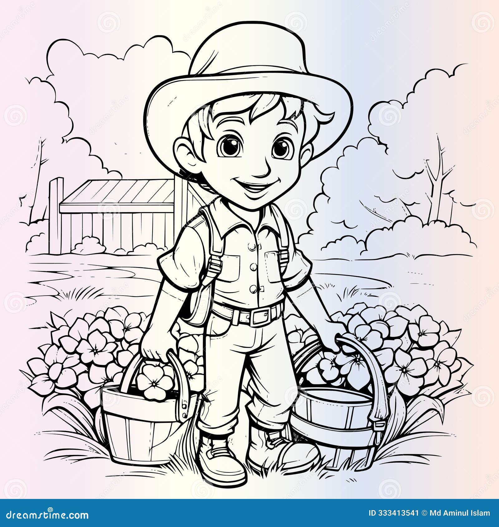 Farmer Coloring Page for Kids Stock Vector - Illustration of cows,  macdonald: 333413541, image size:1600x1690