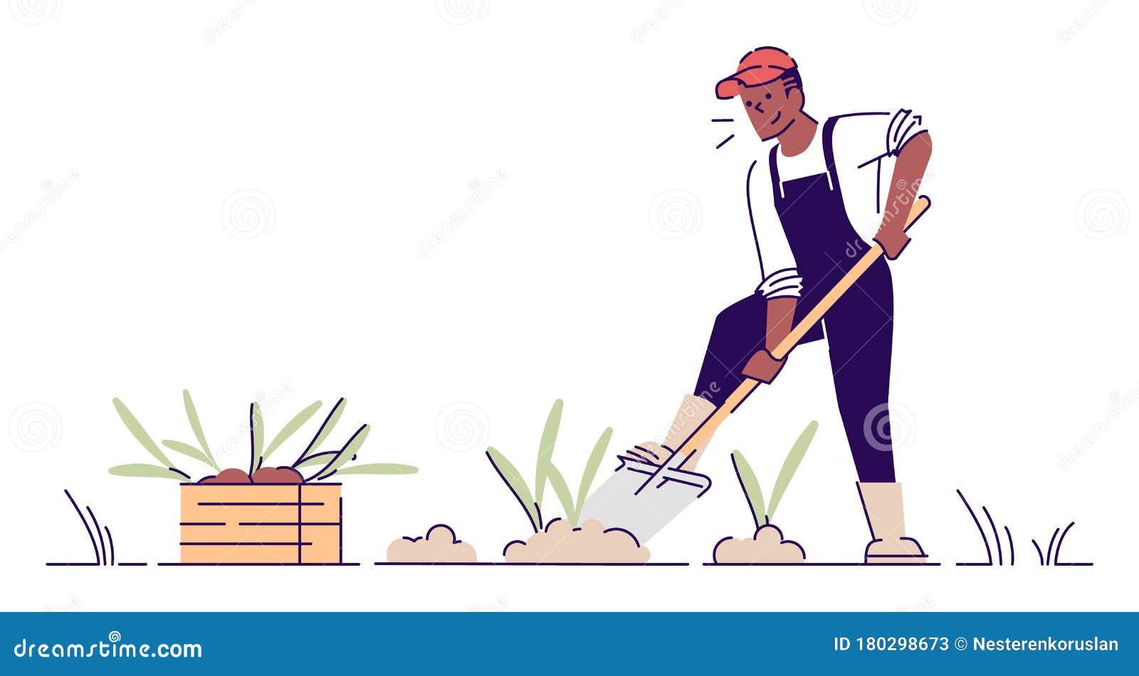 Farmer Digging Up Crop Flat Vector Character. African American Man  Gardening Cartoon Illustration with Outline Stock Vector - Illustration of  farmland, countryside: 180298673