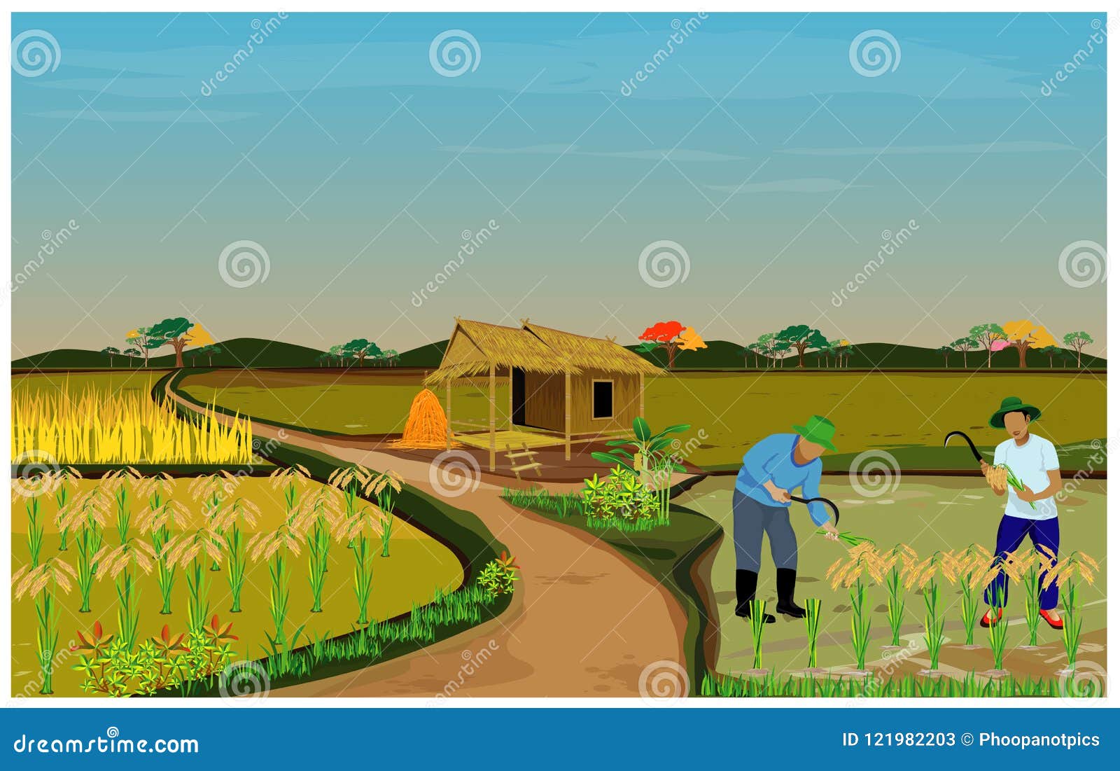 Farmer Harvest Rice Cartoon Shape Stock Vector - Illustration of banana,  sickle: 121982203
