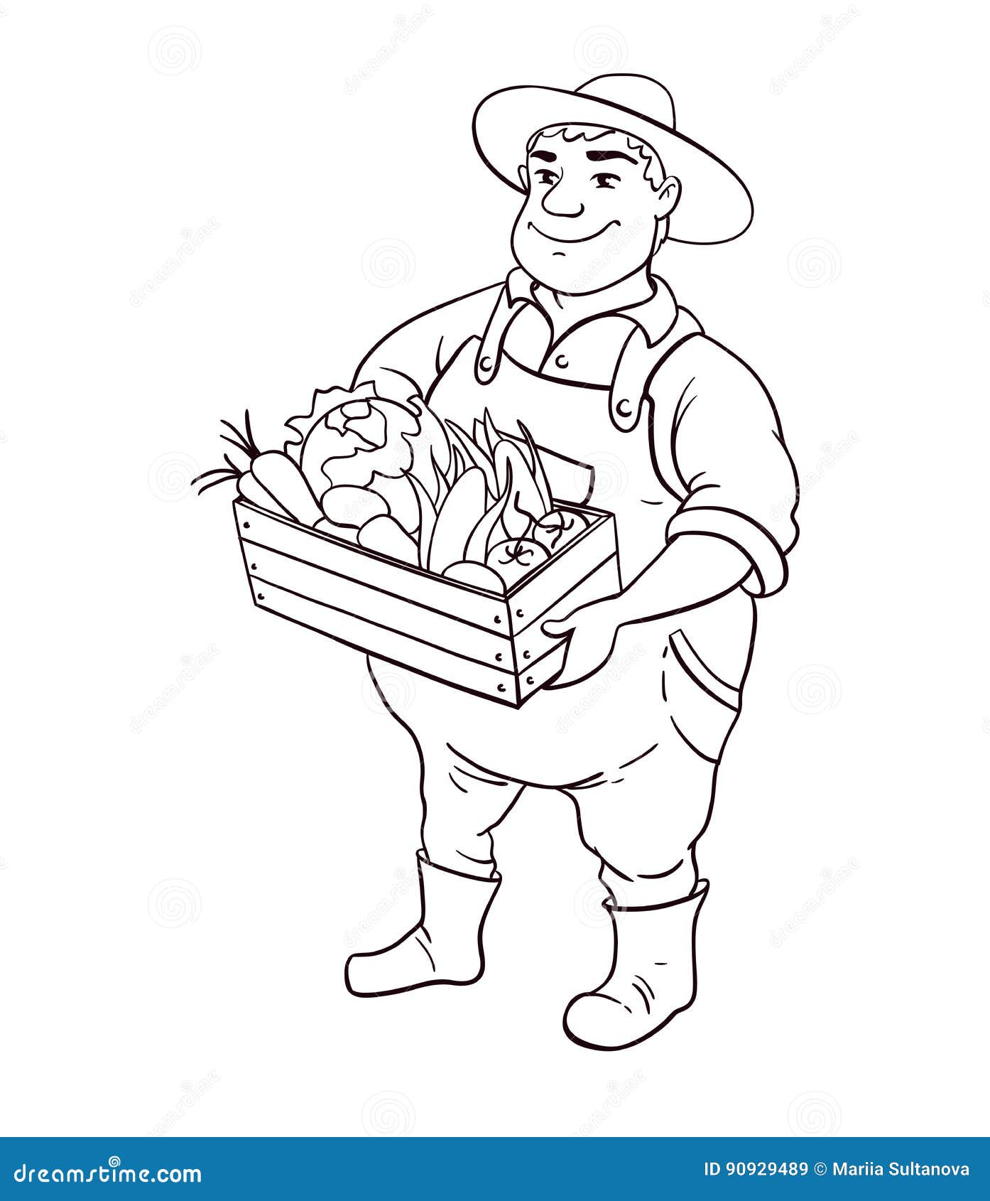Farmer Lineart Vector Character. Cartoon Cute Fat Man in Hat Holding Box of  Vegetables in Hands Stock Vector - Illustration of green, garden: 90929489