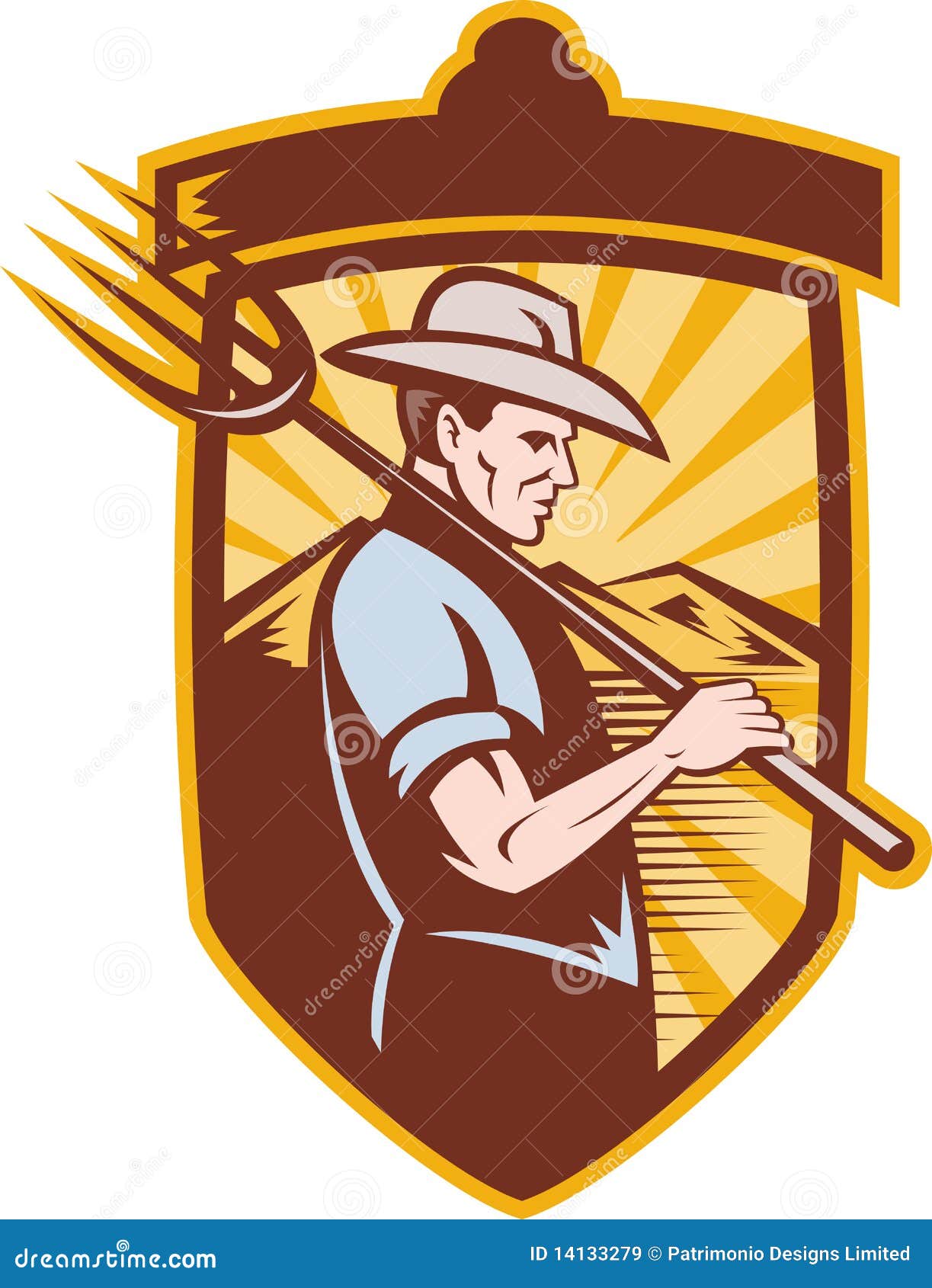 Farmer with pitch fork stock vector. Illustration of badge - 14133279