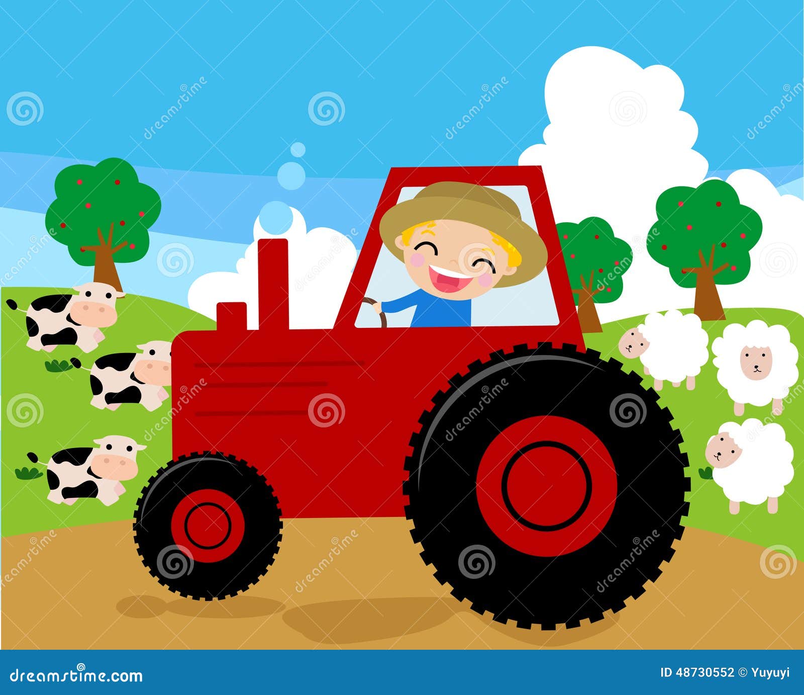 A Farmer Riding a Tractor Working in His Farm Stock Vector