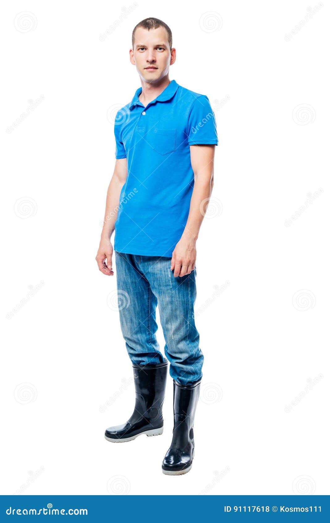 Farmer in Rubber Boots and Jeans in Full Length on a White Stock Photo