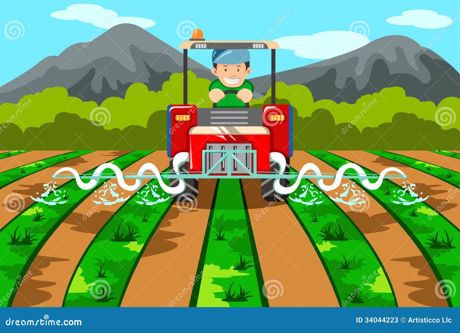 Farmer Watering the Farm with Tractor Stock Vector Illustration of