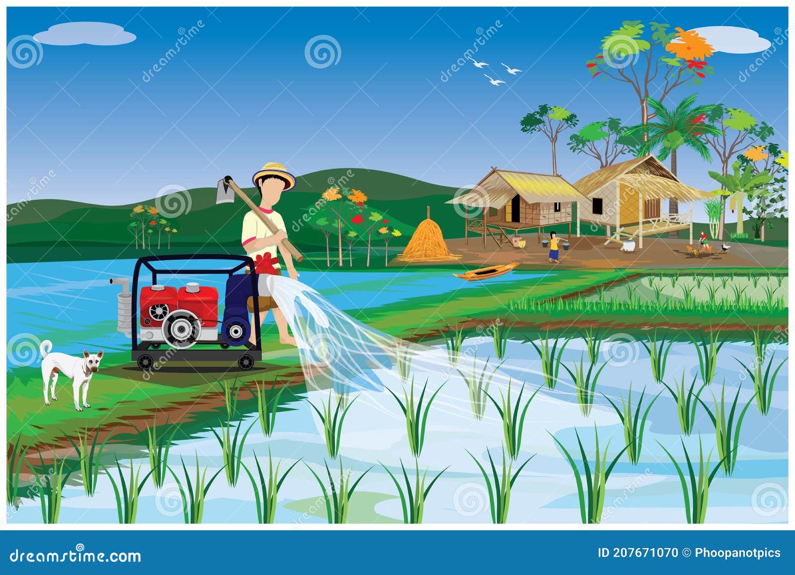 Farmer Work with Water Pump in Paddy Field Stock Vector Illustration