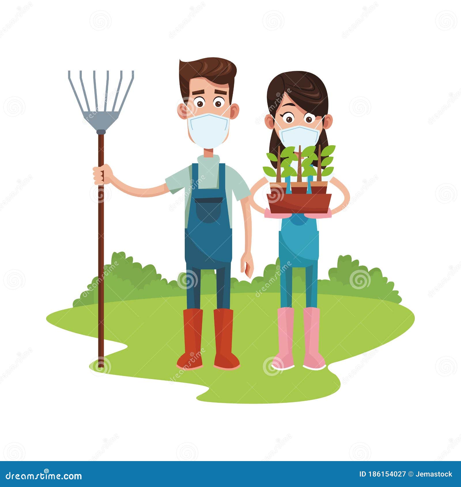 Farmers Couple Wearing Medical Masks with Rake and Houseplant ...