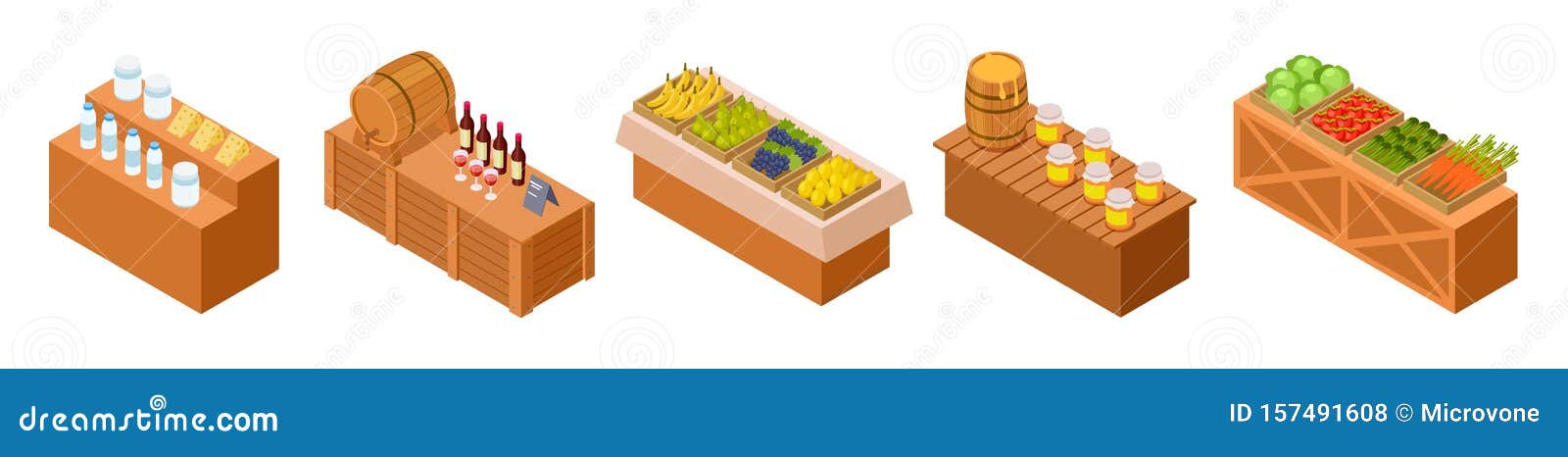 farmers market stalls. isometric traditional meal, vegetables and fruit.  wooden counters with fresh goods