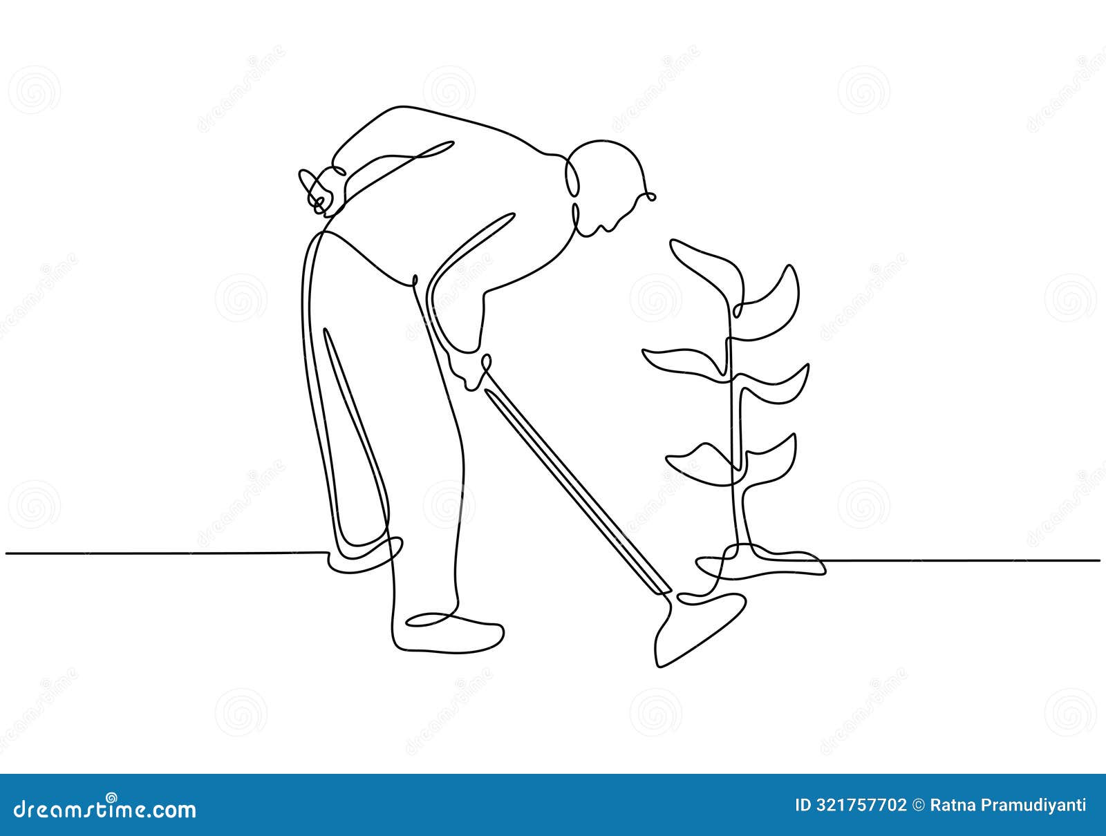 Farmers Plant Trees in Continuous One Line Drawing. Plantation Ecology
