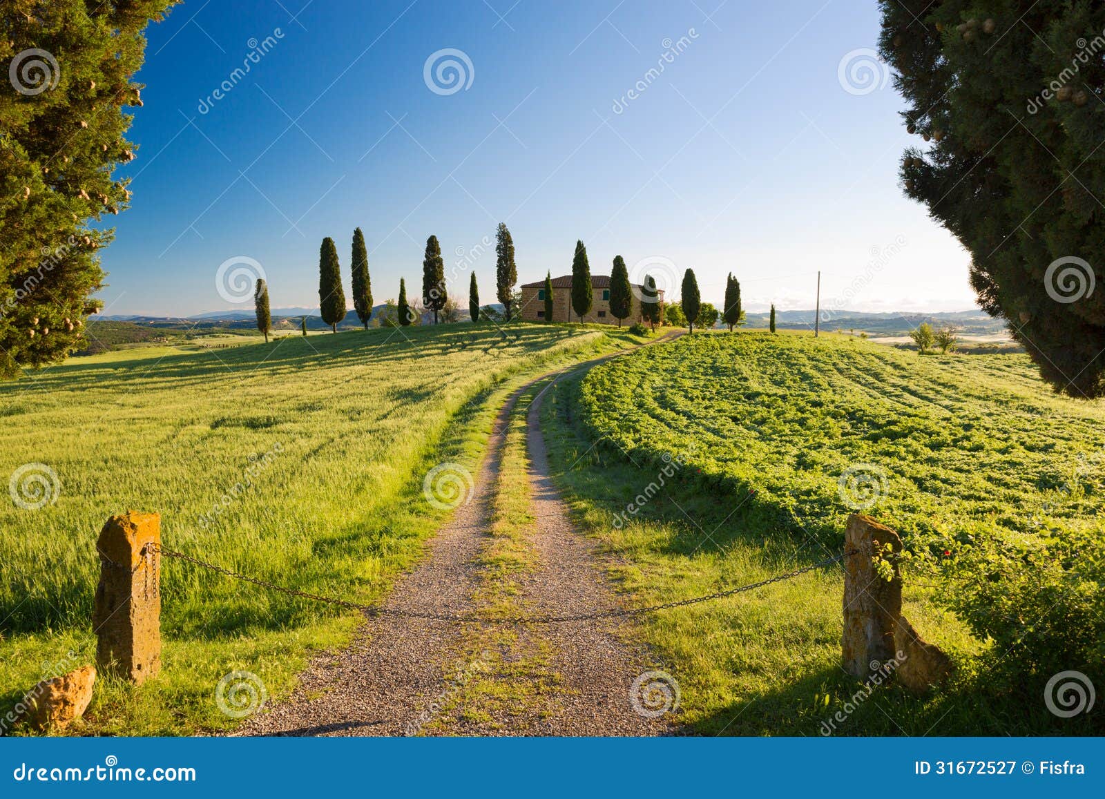 farmhouse with cypress and blue skies, pienza, tuscany, italy