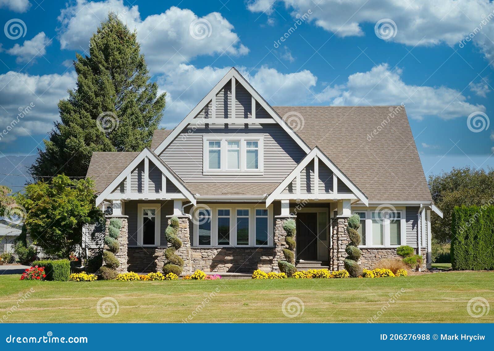 rural farmhouse front exterior mansion maison house cumulus sky background