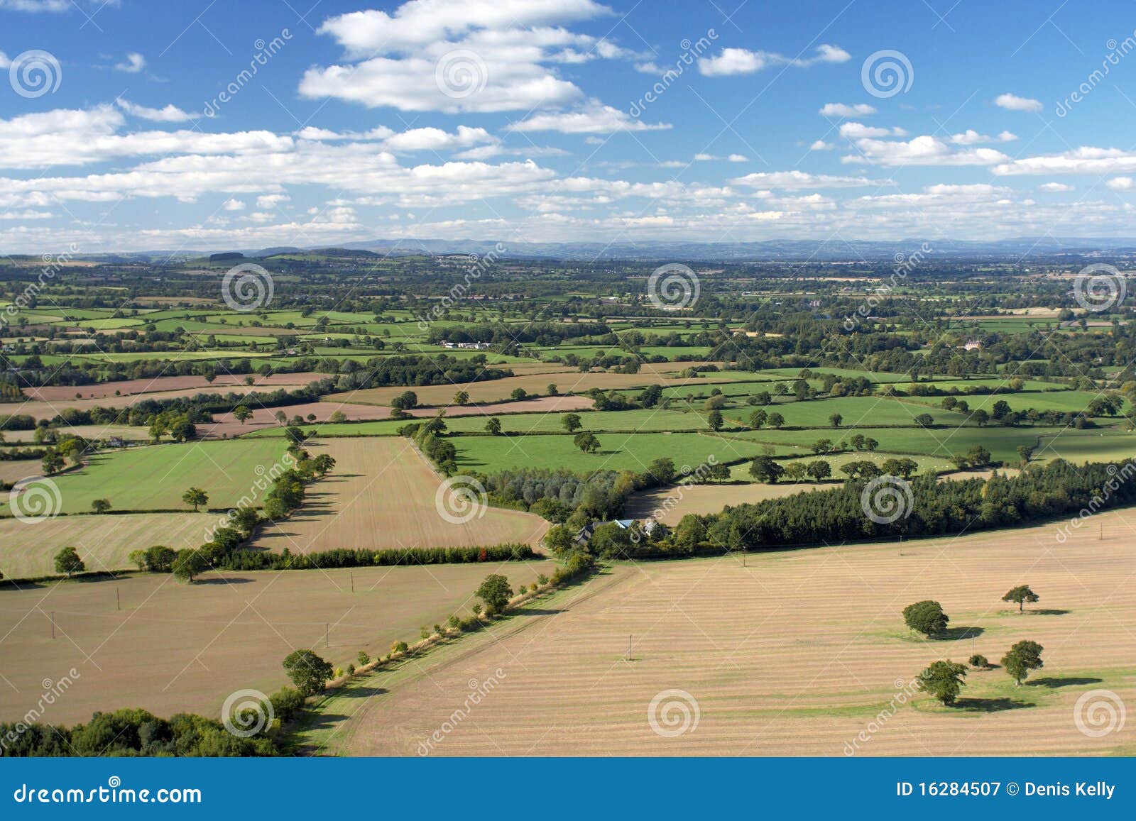 rolling farming landscape in shropshire, england