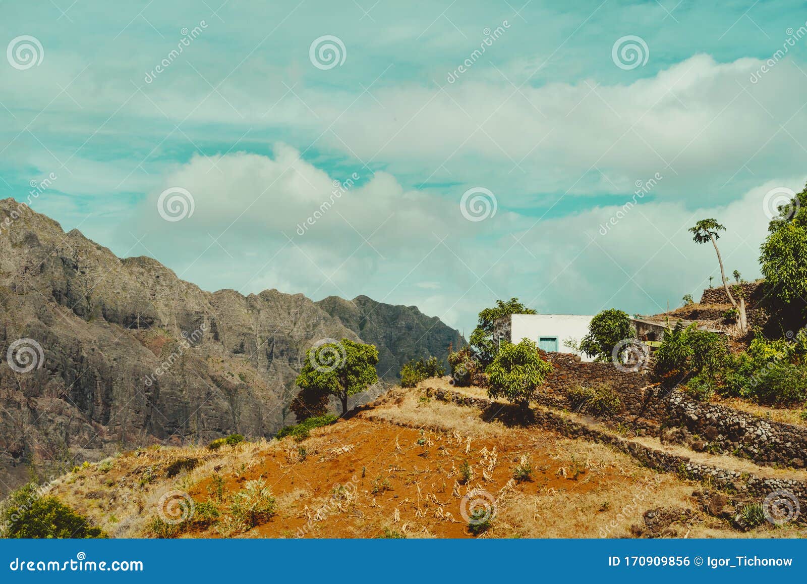 farming fields and houses of peasants in the mountainous area of corda, santo antao island, cape verde