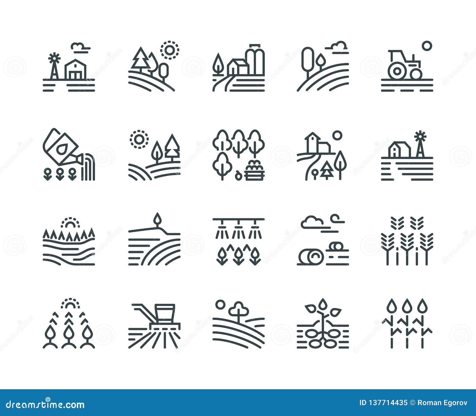 farming landscape line icons. rural houses, planting vegetables and wheat fields, cultivated crops. agriculture