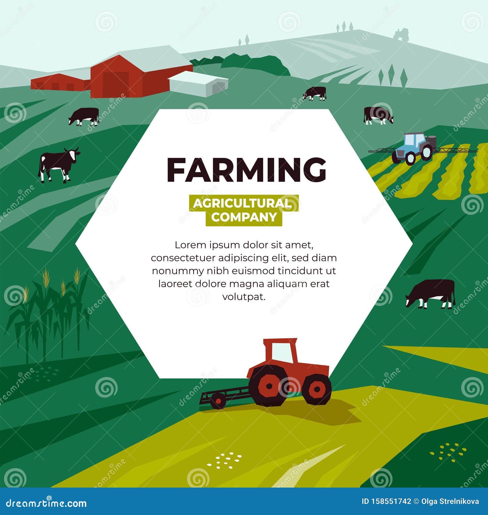 Farming Template with Tractors, Cows, Farm Land Stock Vector Farming Template with Tractors, Cows, Farm Land Stock Vector