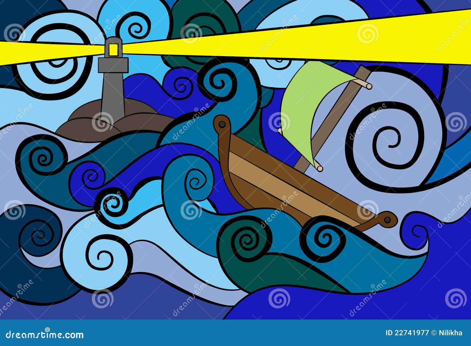Un'illustrazione astratta dell'oceano con le onde, una barca e un faro per uso della priorità bassa