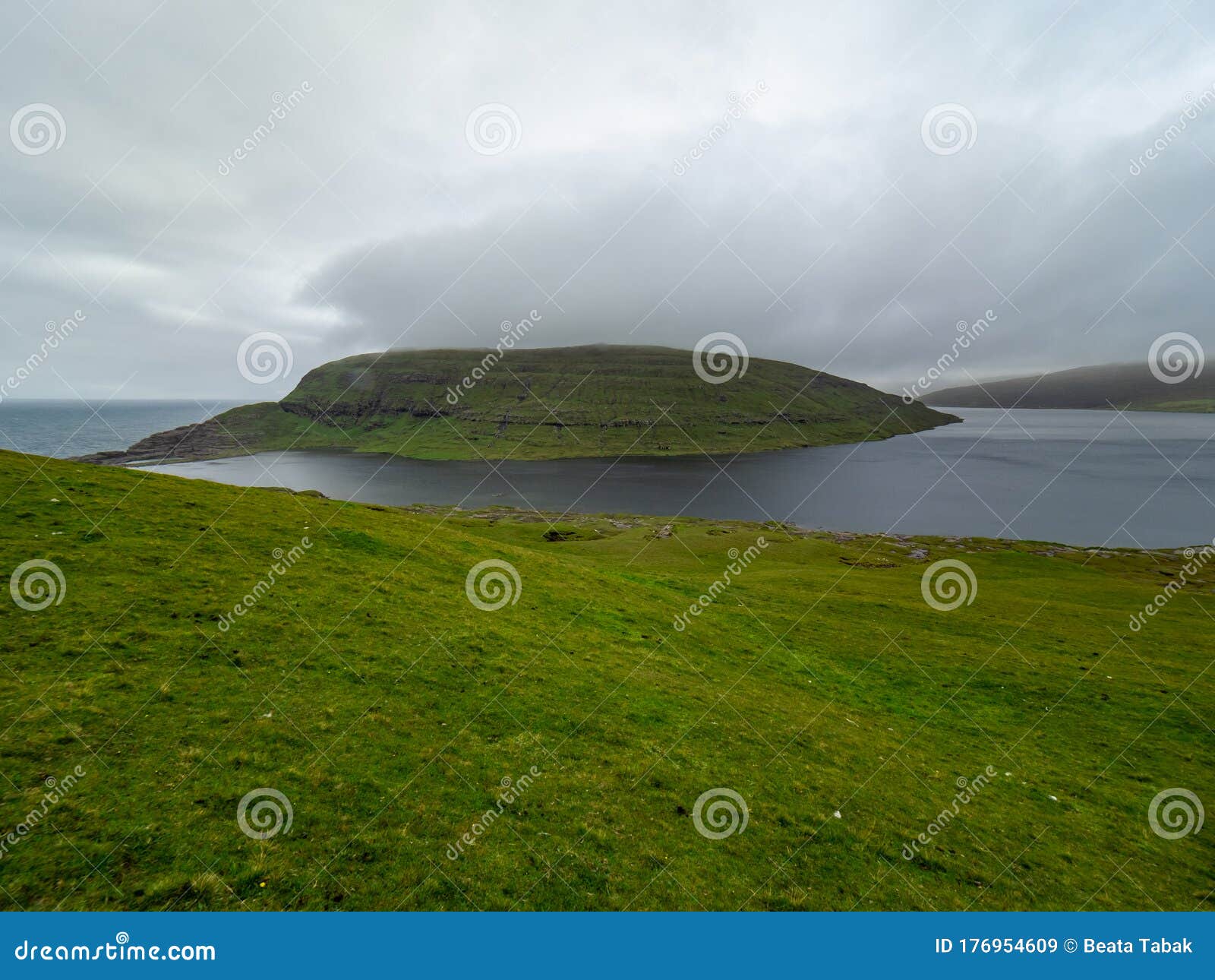 faroe islands. leitisvatn lake, view from trÃÂ¦lanÃÂ­pan. field of green gras in the foreground.