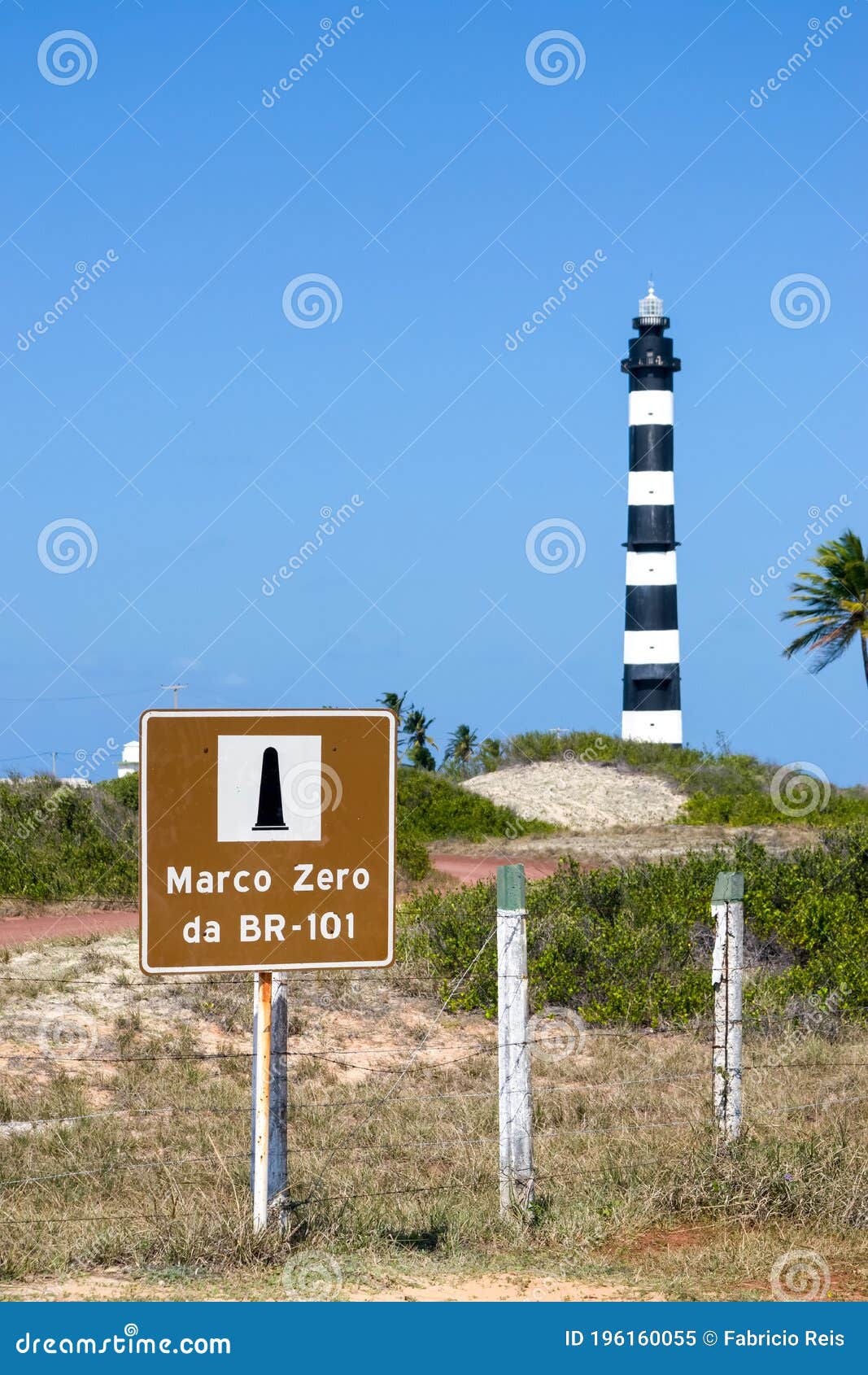 the calcanhar lighthouse and the beginning of the br-101, the largest highway in brazil.