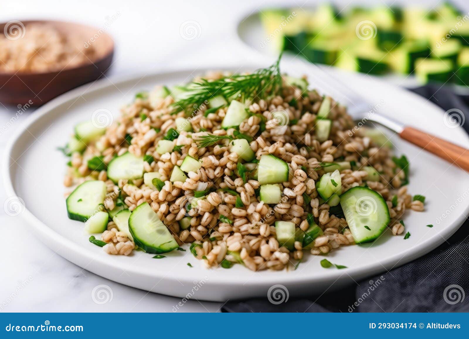 Farro Salad with Sliced Cucumbers on the Side Stock Photo Image of