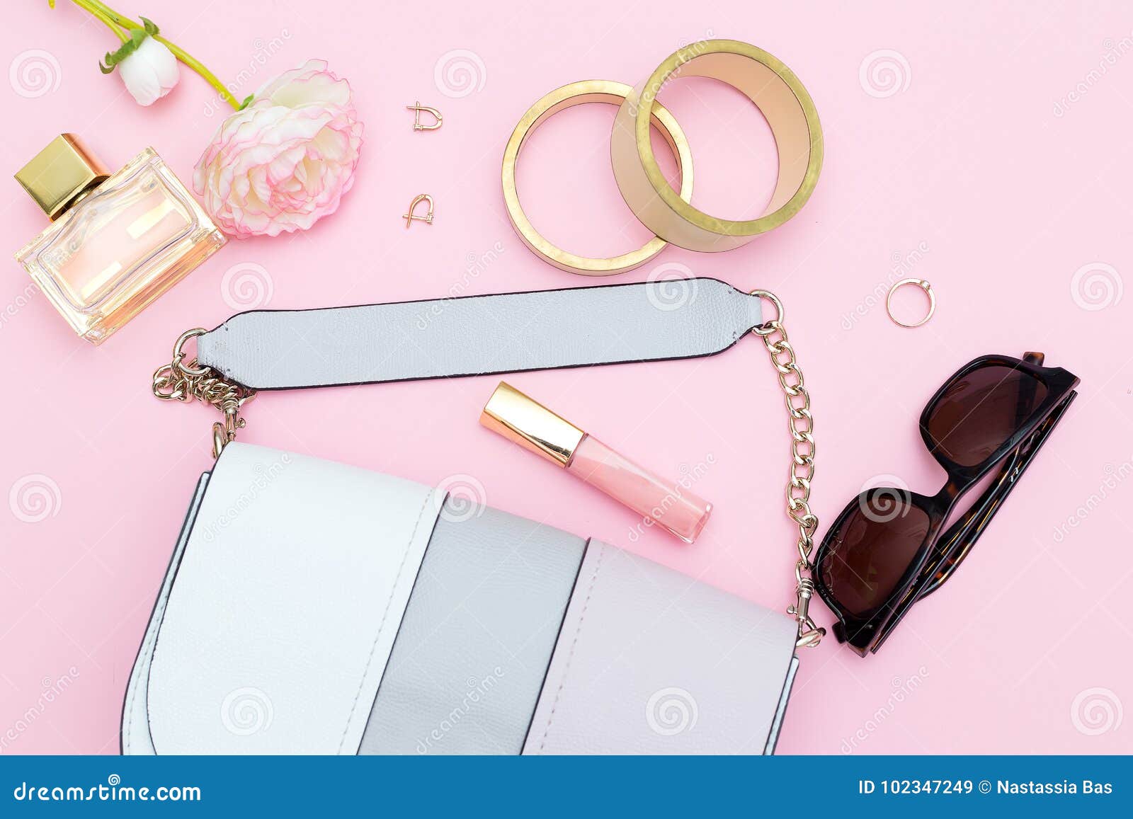 Fashion Accessories on a Pink Background. Flat Lay Stock Image Image