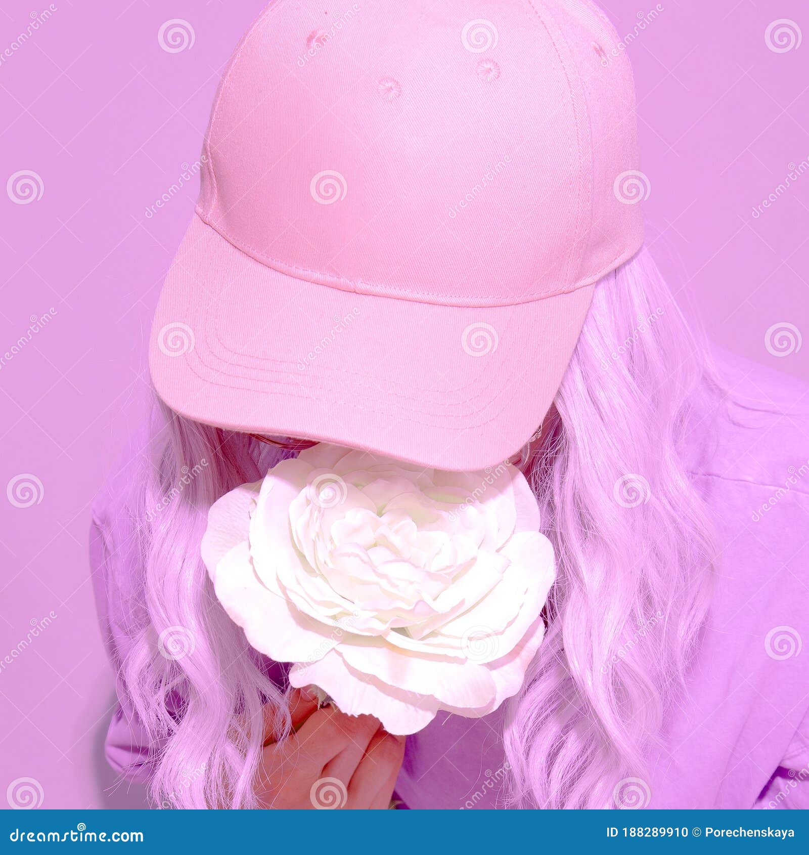 Fashion Aesthetic Girl With Roses In Trendy Fresh Summer Accessories Pink Cap Vanilla Pastel Colours Design Stock Photo Image Of Adult Girl