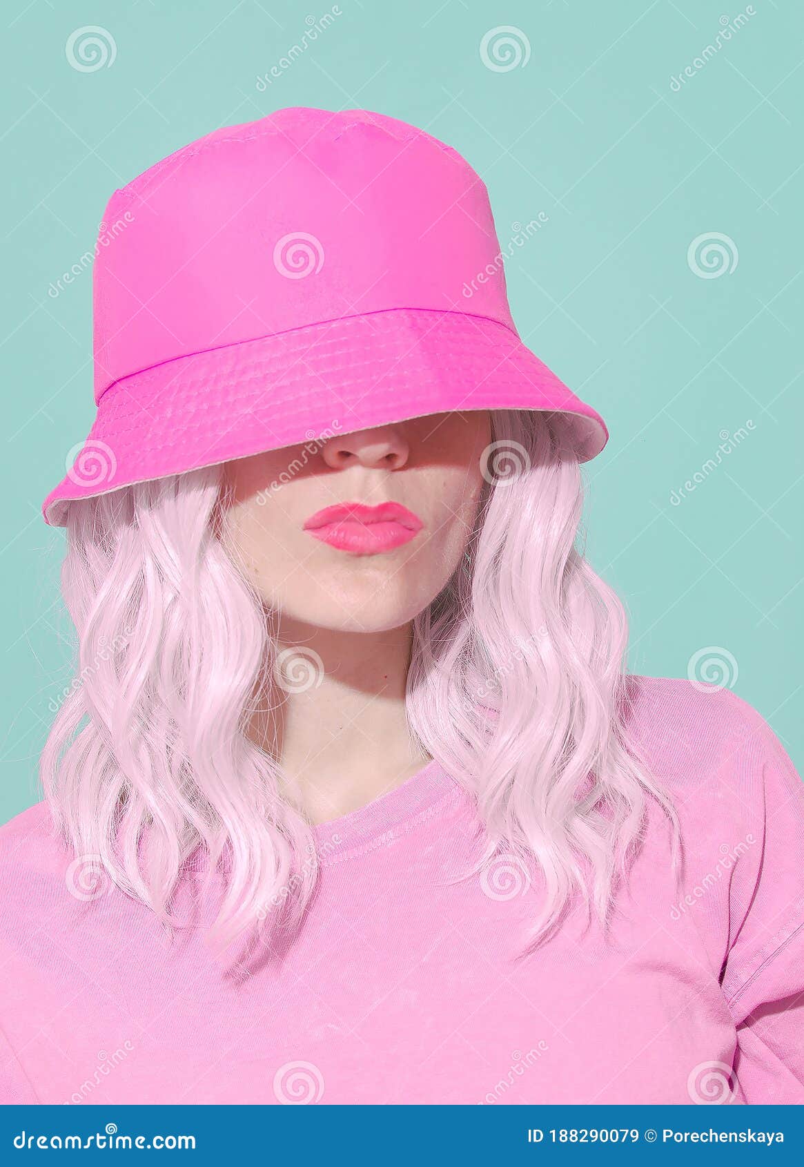 Fashion Aesthetic Girl in Trendy Summer Accessories. Pink Bucket