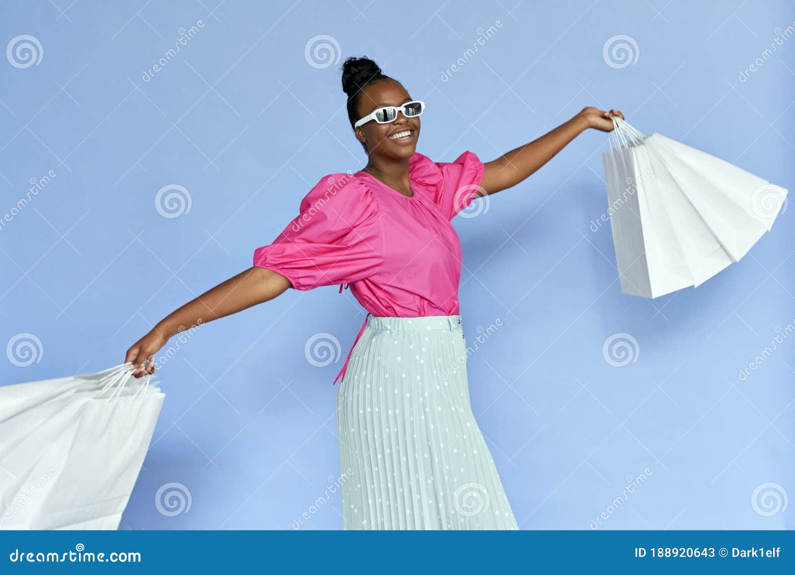 Fashion African Woman Wear Sunglasses Holding Shopping Bags on Violet ...