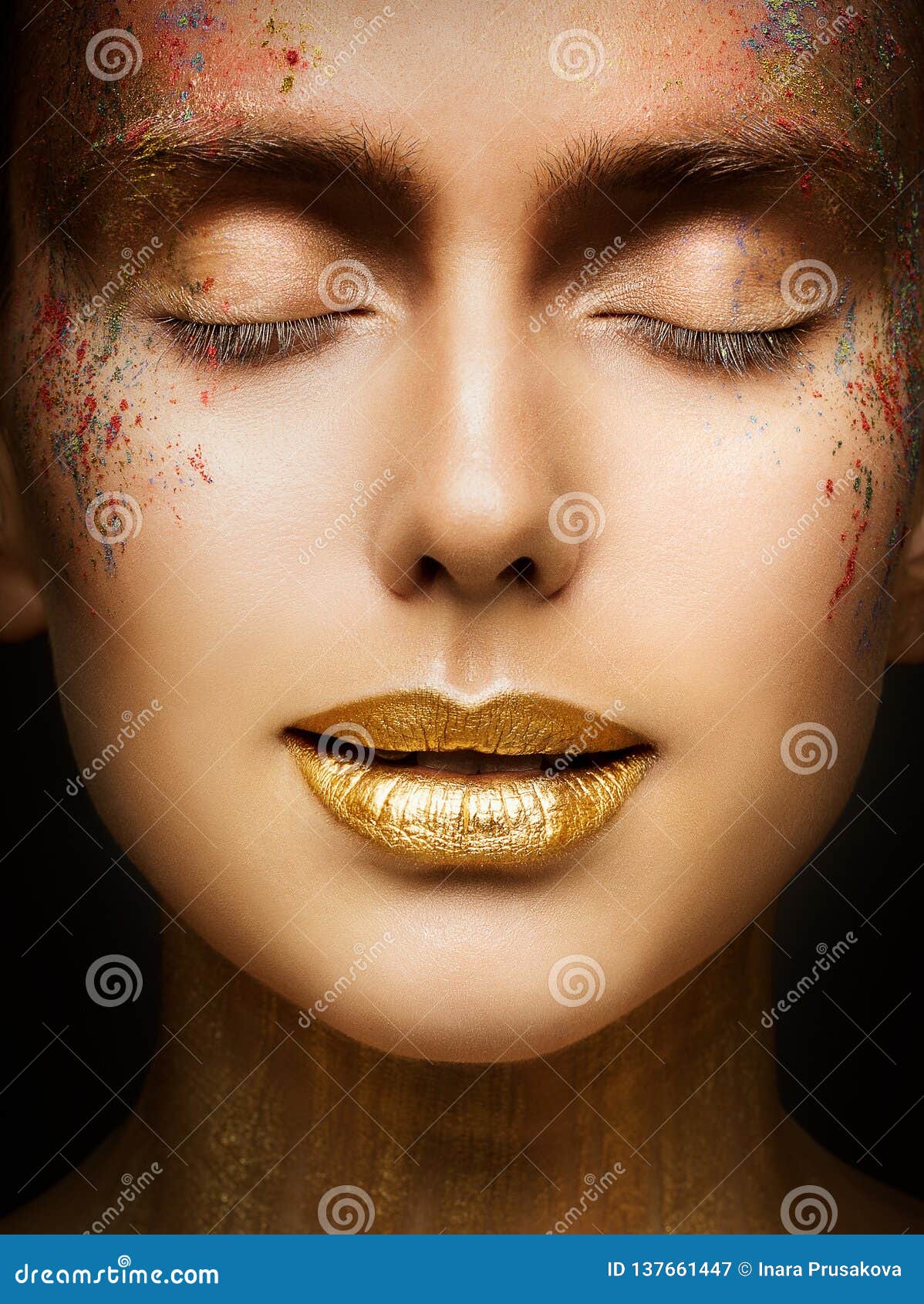 Fashion Art Makeup, Creative Beauty Face Lips Make Up, Gold Lipstick ...