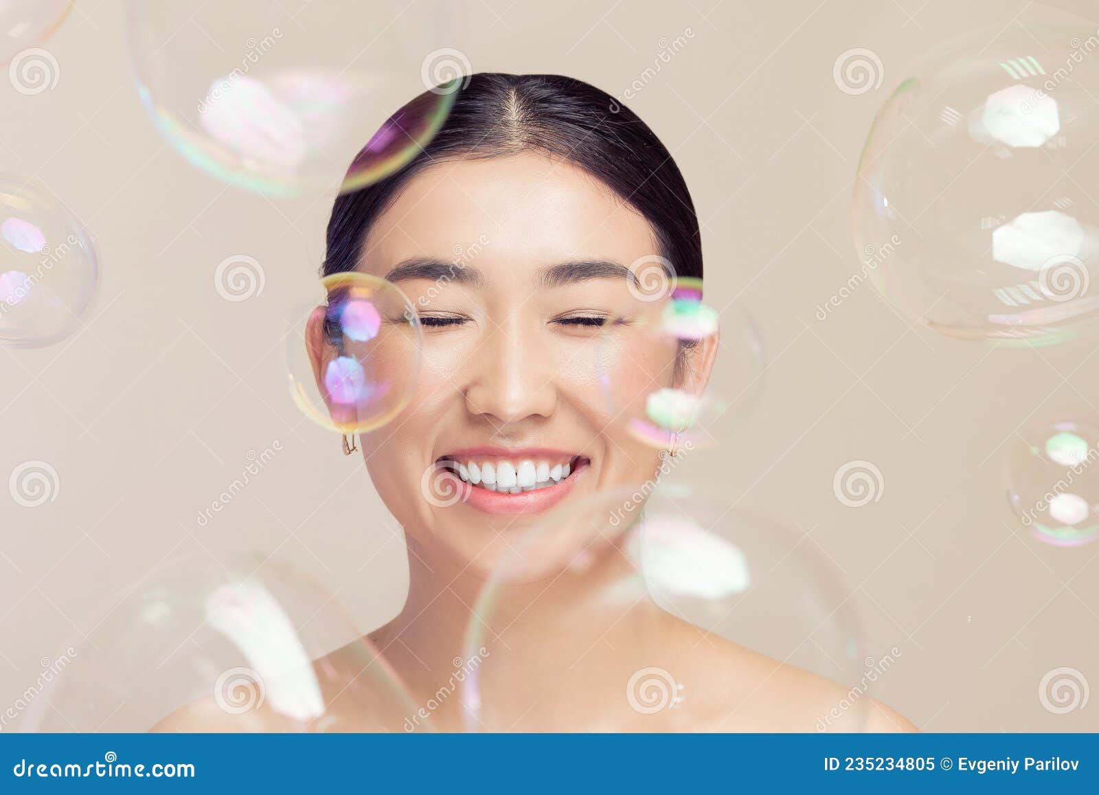 Fashion Asian Happy Young Woman on Background Soap Bubbles, Fake Eyelashes  and Makeup Stock Image - Image of happiness, color: 235234805