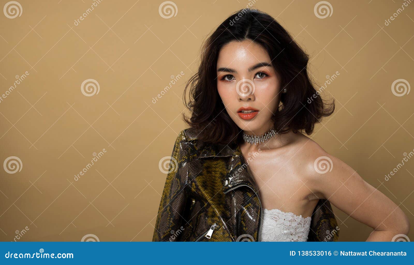 Fashion Asian Woman Tan Skin Black Hair Eyes Stock Photo