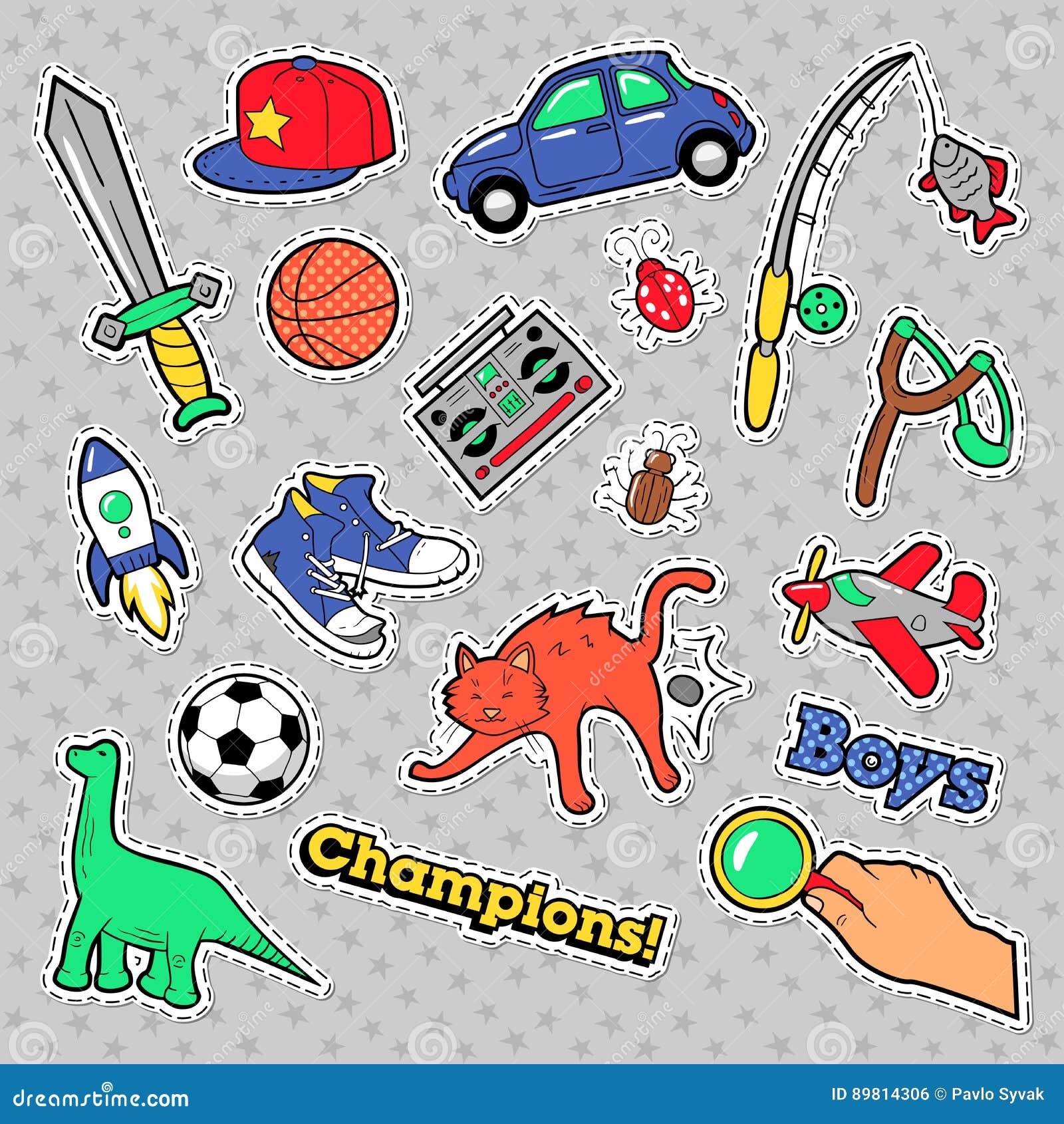 Fashion Badges, Patches, Stickers Boys Theme. Toys, Sports, Car and Music  Recorder in Comic Style Stock Vector - Illustration of plane, sign: 89814306